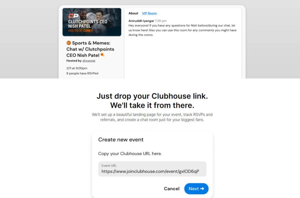 Tool per Clubhouse Comet Events