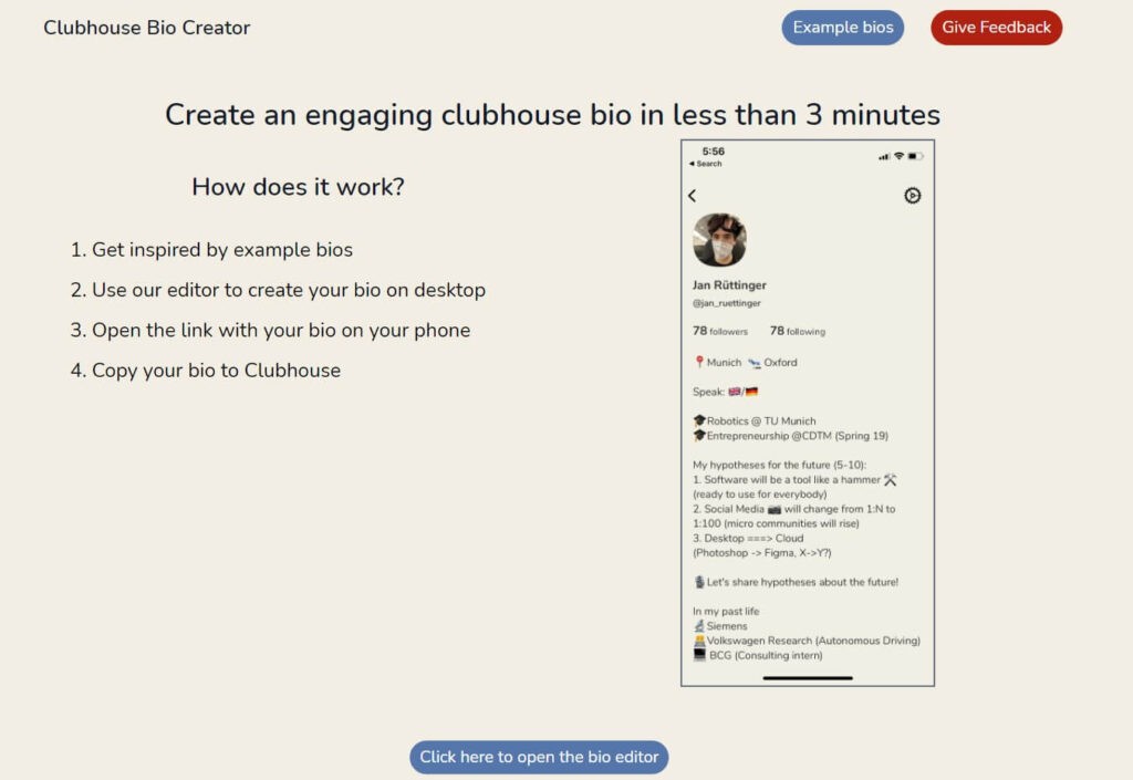 Tool per Clubhouse Clubhouse Bio creator