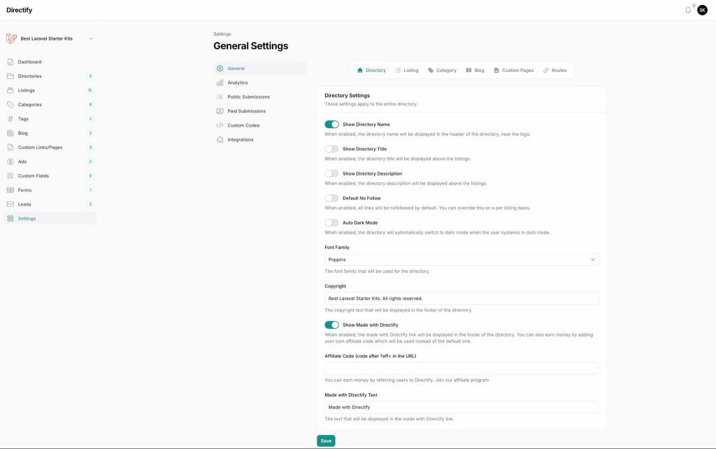 Directify impostazioni