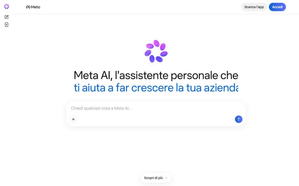 Pagina iniziale di meta.ai in italiano con la casella «Chiedi qualsiasi cosa a Meta AI» e i pulsanti Scarica l'app e Accedi