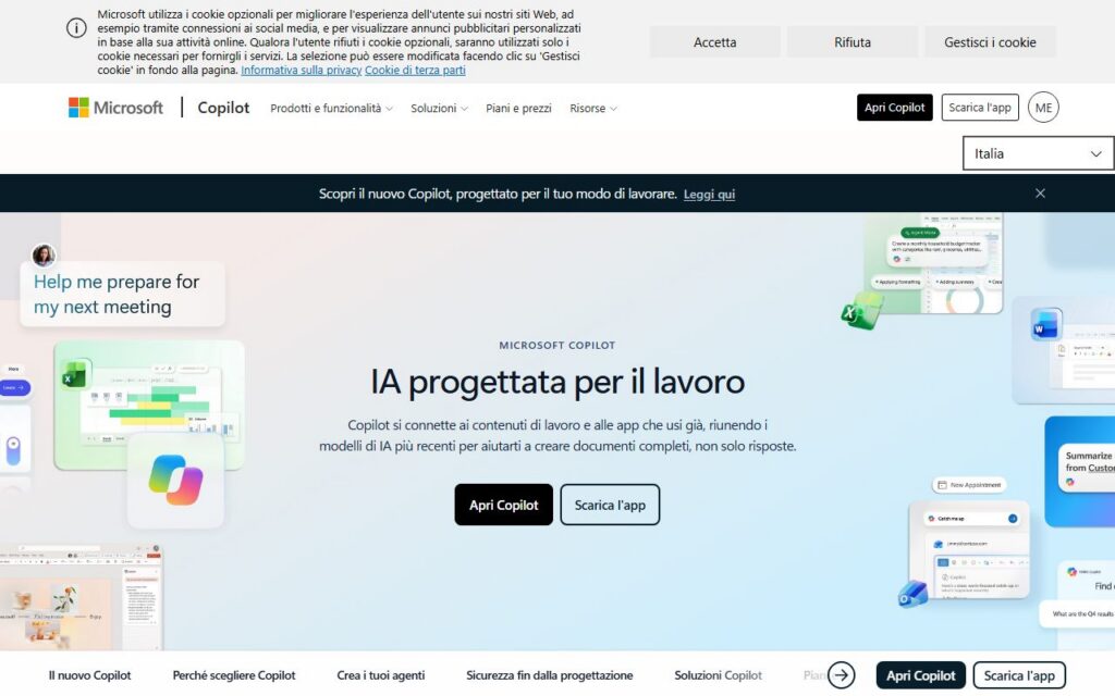 Pagina italiana di Microsoft Copilot con il titolo «IA progettata per il lavoro» e i pulsanti Apri Copilot e Scarica l'app